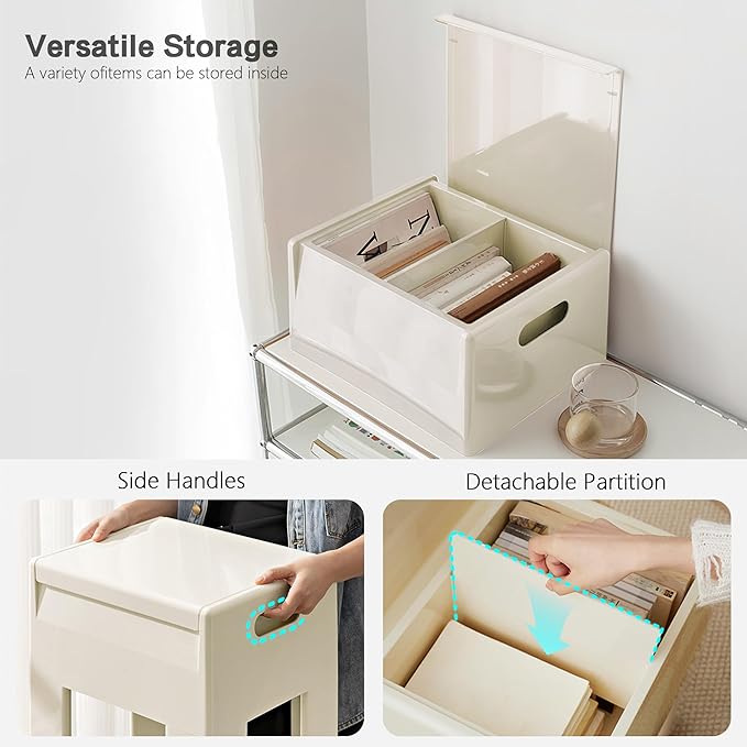 Nightstand Bedside Table with Storage Space, Multifunctional Colorful Plastic End Table Small Side Table for Bedroom, Dorm and Small Spaces, Easy Assembly(11.8" D x 15" W x 15.7" H, White)
