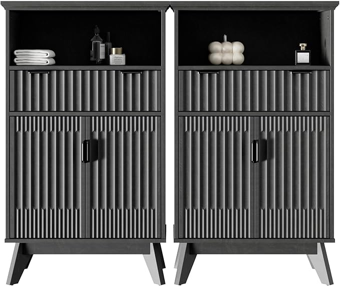 Fatmok Buffet Cabinet with Storage Set od 3, 40" Modern Fluted Coffee Bar Cabinet with Drawer & Open Shelf, Wood Buffet Sideboard Console Table for Entryway, Kitchen, Living Room (Black)