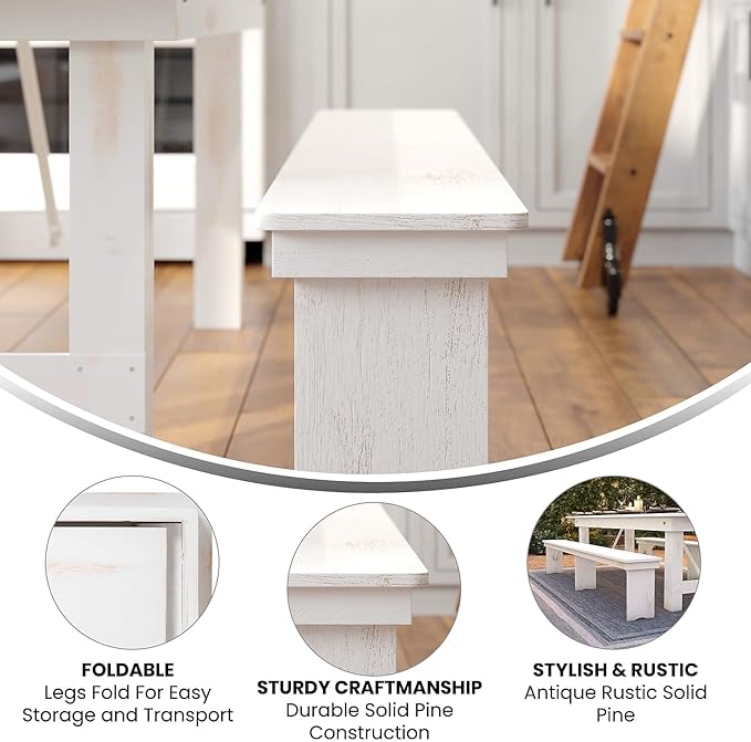 Flash Furniture Hercules Commercial Grade Farmhouse 3 Leg Bench - Solid Pine Foldable Bench with Seating for 4 - 8'x12" - Antique Rustic White