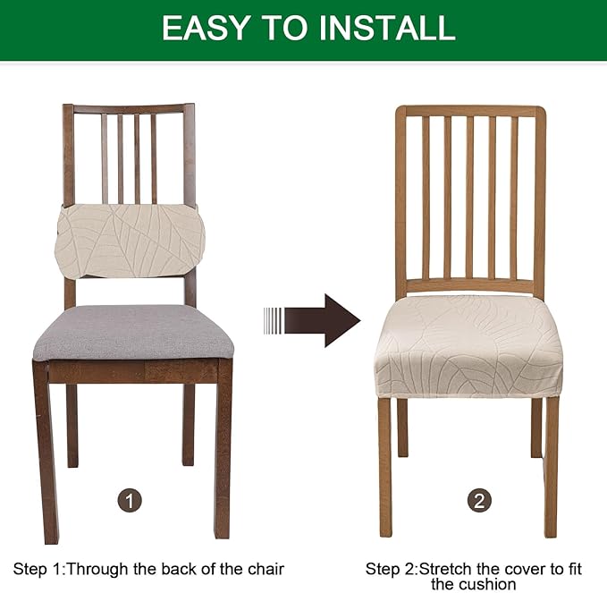 CRFATOP Waterproof Dining Room Chairs Seat Covers Set of 4 with Stretch Bench Slipcover Jacquard Kitchen Chair Slipcover Washable Seat Cushion Slipcover for Hotel Banquet Wedding Party, Beige