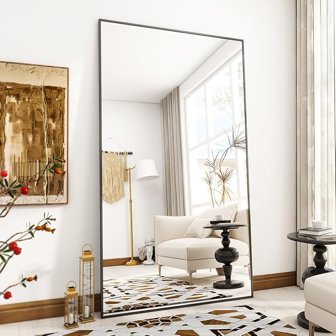 VooBang Oversized Full Length Mirror, 86" x 40" Floor Mirror with Stand, Aluminum Alloy Frame Full Body Mirror, Standing Hanging or Leaning Against Wall Bedroom Living Room, Black