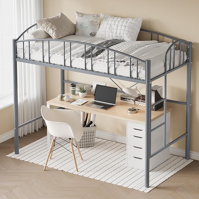 GarveeHome Loft Bed Twin Size, Heavy Duty Metal Loft Bed Frame with Arched Guardrail and Safety Ladder, Space-Saving, No Box Spring Needed, Modern Gray