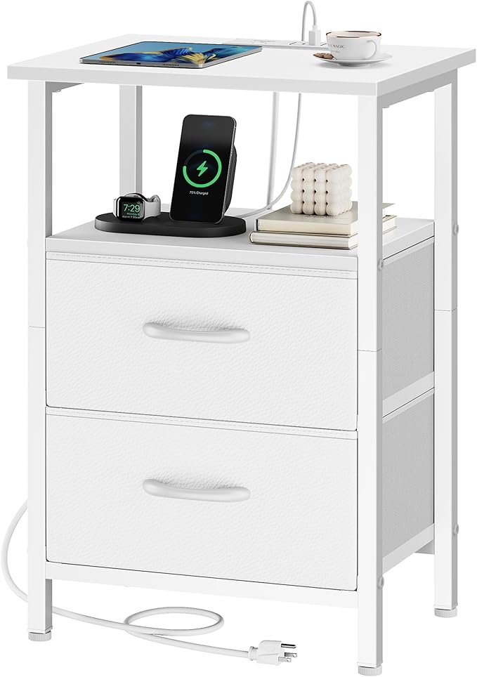 Vagusicc Nightstand with Charging Station, End Table with Fabric Drawers, Side Tables with Storage Shelf, 24.2" Tall Bedside Table with USB Ports & Outlets, Night Stand for Bedroom, White