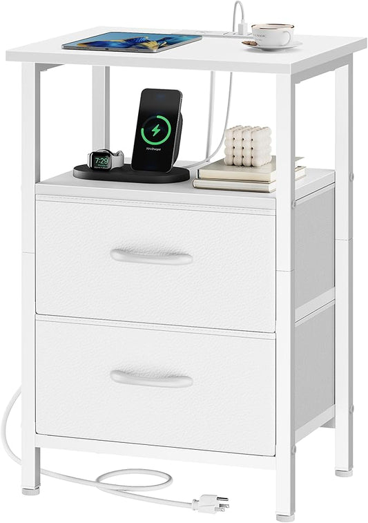 Vagusicc Nightstand with Charging Station, End Table with Fabric Drawers, Side Tables with Storage Shelf, 24.2" Tall Bedside Table with USB Ports & Outlets, Night Stand for Bedroom, White