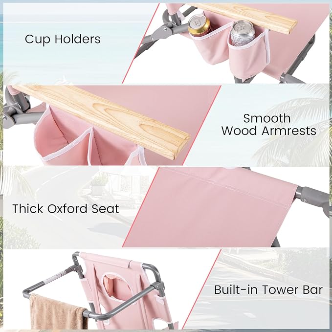 Goplus 3-in-1 Foldable Beach Chair, Lay-Flat Tanning Chair with Face and Arm Holes, Footrest, 330 lbs Heavy-Duty Portable Reclining Lounge Chairs for Outside, Camping, Patio, Poolside, Lawn (1,Pink)