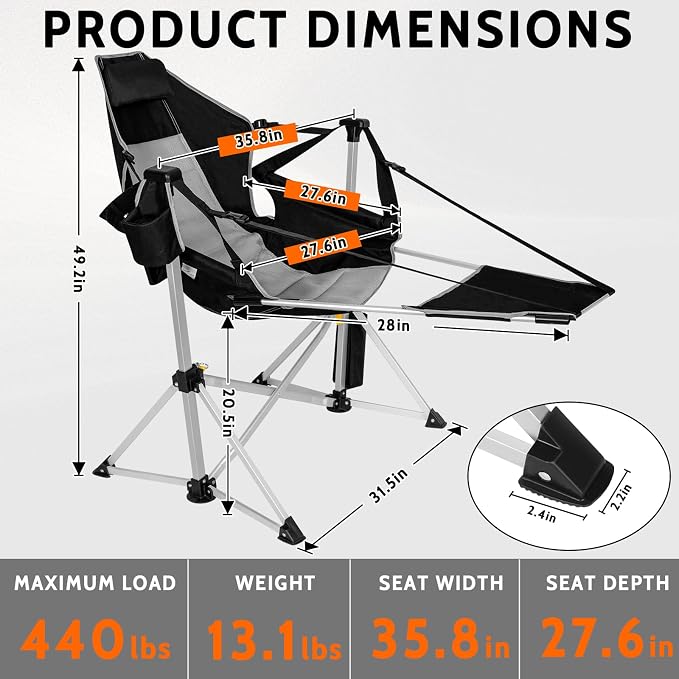 2 Pack Oversized Swing Hammock Camping Chairs with Footrests & Headrests, 440LBS Aluminum Reclining Outdoor Lounge Chairs, 49" Tall Folding Chairs with Cup Holders,Black