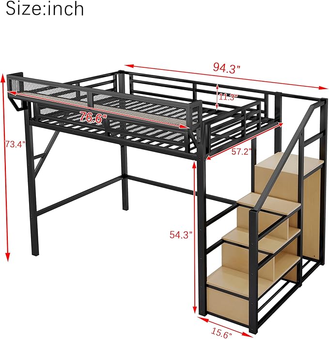 KEIKI Full Size Metal Loft Bed Frame with Convertible Staircase, Built-in Storage Shelves and Wardrobe, Loft Bed with Solid Slats, Guardrail, No Box Spring Required, Easy Assembly, for Bedroom, Black