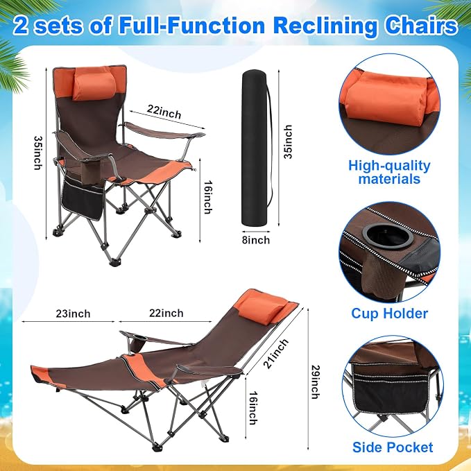 Yuntau 2 Set Reclining Beach Chairs with UPF 50+ Umbrellas Shade, Upgraded Heavy Duty Portable Folding Lounge Camping Chair with Canopy Removable Footrest & Headrest for Outdoor Patio(Orange)