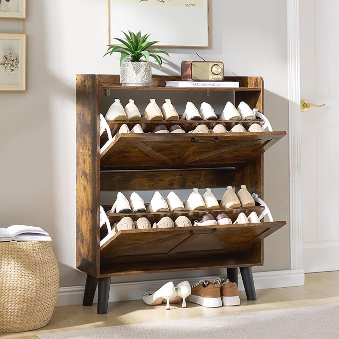 LEYAOYAO Shoe Cabinet Storage for Entryway with 2 Flip Drawers Rack Narrow Organizer Slim Hidden Wood Shoe Cabinet Furniture Brown