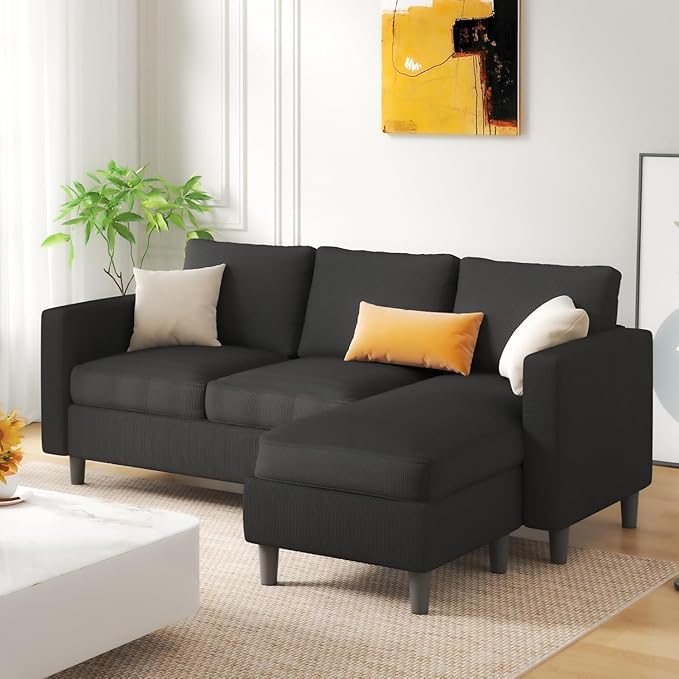 JAMFLY Sectional Sofa for Living Room, 3-Seat Reversible Couch with Convertible Ottoman, Modern L-Shaped Sofas for Small Apartment, Studio & Office, Tool-Free Easy Assembly, Black