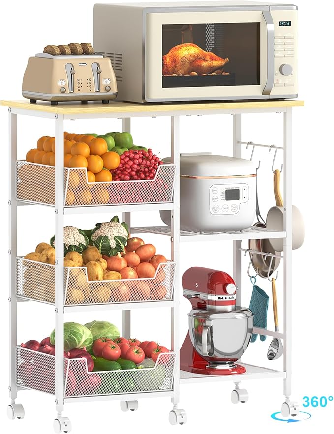 Rolling Kitchen Storage Microwave Cart & Kitchen Island on Wheels, Adjustable Shelf, Lockable Wheels, 27.75" L × 15.35" W, Bakers Rack Microwave Stand with Tilt-Out Baskets, Kitchen, Coffee Bar, White