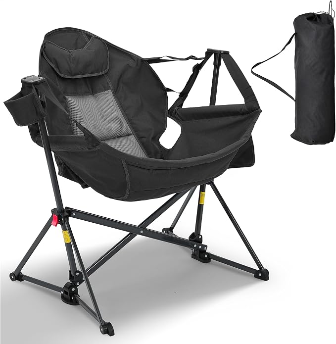 Ainfox Hammock Camping Chair, Foldable Portable Rocking Chairs for Adults Outside Swinging Camp with Cup Holder Pillow for Outdoor Patio Poolside (Black)