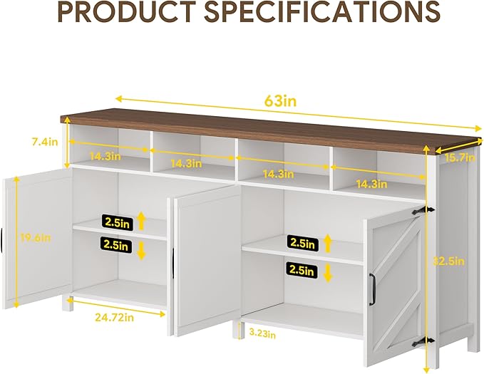 knoworld 63'' Buffet Sideboard with Storage Farmhouse with 4 Doors, Large Kitchen Storage Cabinet Wood Coffee Bar Cabinet Buffet Table with Shelves for Kitchen, Dining Room, Entryway