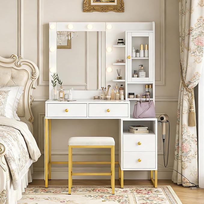 KAMABOKO Vanity Desk with Mirror, LED Lights and Power Outlet, Makeup Vanity Table with Cabinet and 4 Drawers, Dressing Table with Stools for Bedroom (White)
