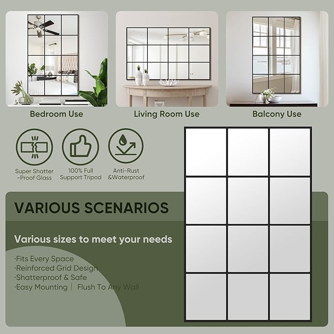 Suidia Wall Mirror, 36" x 72" Window Decorative Mirrors, Metal Framed Wall Decor Wall-Mounted Mirrors for Bedroom, Living Room, Entryway, Black