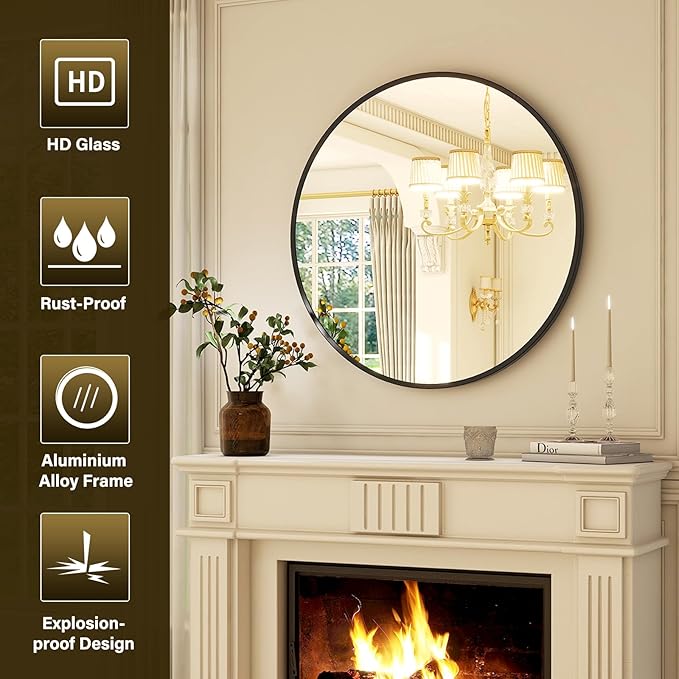 XRAMFY 24 Inch Round Mirror - Circle Mirrors for Bathroom, Entryway and Living Room Wall Decor, Modern Hanging Vanity Mirror, Matte Black Circle Decorative Wall Mirror