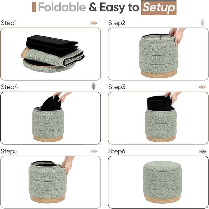 Round Storage Ottoman with Reversible Tray Lid, Folding Chenille Fabric Footrest with Hidden Storage, 15.4" Footstool for Small Spaces Living Room Bedroom, Wood Grain Base, Sage Green