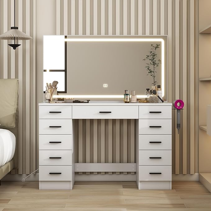 Panana Vanity Desk with 11 Drawers, Glass Top Makeup Table with Mirror and LED Lights Vanity with Stool 3 Lighting Modes Brightness Adjustable Dressing Table with Power Outlet (White)