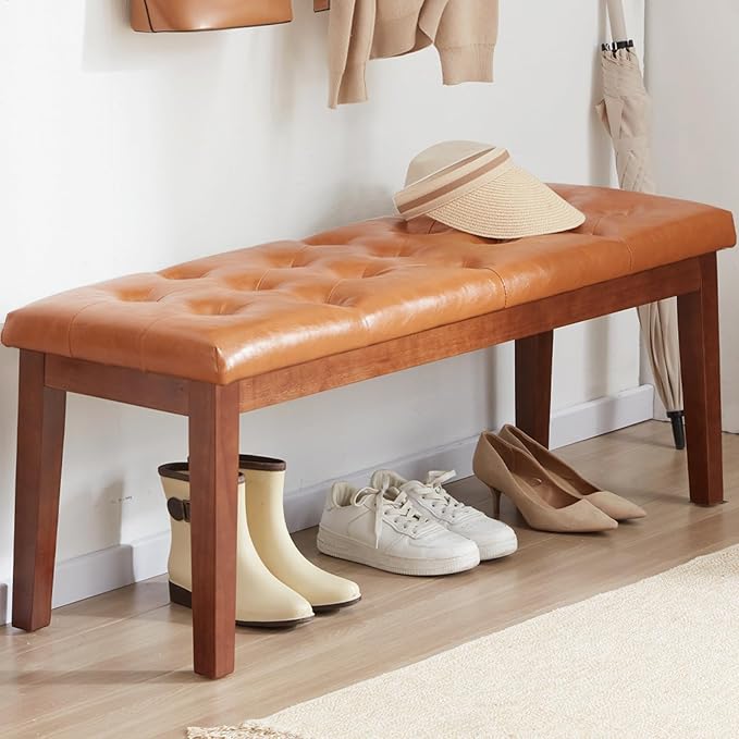 Ottoman Bench Upholstered Padded Seat with Solid Wood Legs and Button-Tufted, Faux Leather Cognac Brown