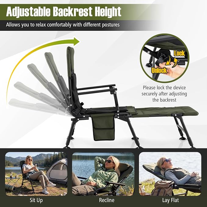 GYMAX Foldable Fishing Chair, Heavy Duty All-Terrain Camping Chair, Detachable Footrest, 180° Adjustable Padded High-Back, Portable Recliner for Outdoor (Detachable Footrest)