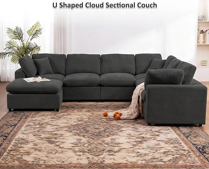 Oversized Modular Sectional Sofa Couch, Large 7 Seater Corner Sofa Modern U Shaped Sectional Couch with Ottoman Cloud Couches for Living Room, Office, Spacious Space, Dark Gray