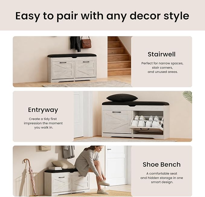 39" Shoe Storage Bench with Padded Seat Cushion & Lift Top Storage Box & 2 Flip Drawers, Small Entryway Shoe Rack Bench with 2 Doors and Adjustable Shelf, Shoes Cabinet for Hallway, Living Room, White