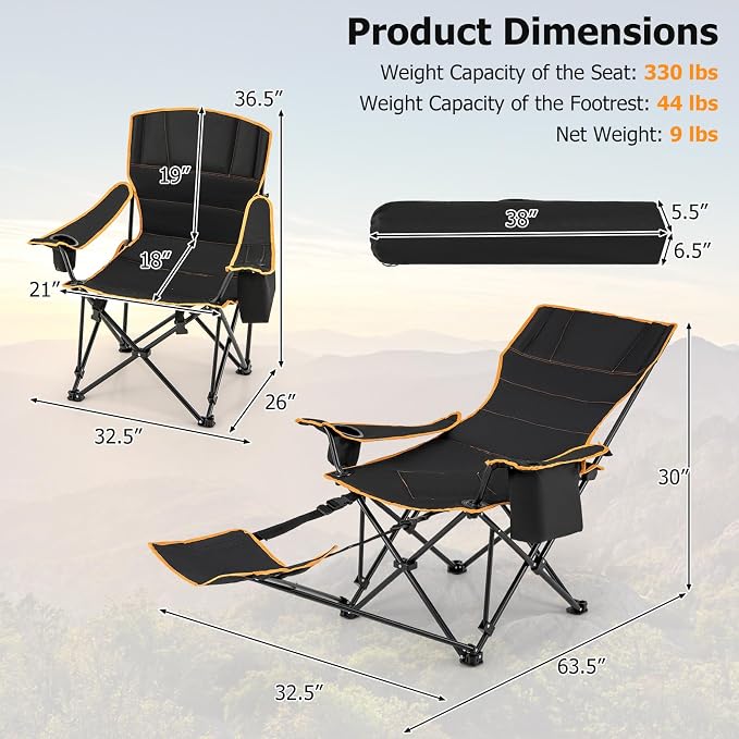 Goplus Reclining Camping Chair with Removable Footrest, 2-in-1 Folding Lounge Chair w/Adjustable Backrest Storage Bag & Cup Holder,Portable Recliner Cozy Lounge Chair for Picnic, Fishing (1)