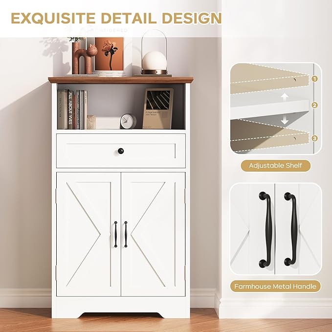 Floor Cabinet, Farmhouse Storage Cabinet with Barn Doors and Drawer, Freestanding Adjustable Shelf Organizer for Bathroom, Kitchen, Living Room White