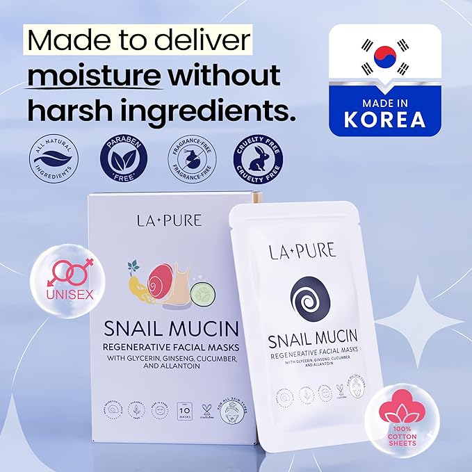 LA PURE Snail Mucin Mask – 10ct Korean Sheet Mask Pack for Signs of Aging, Aid Skin Repair & Hydration – Pure Snail Mask for Face with Collagen & Hyaluronic Acid – Cruelty-Free Hydrating Sheet Mask