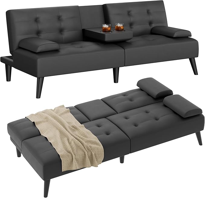 Shintenchi Futon Sofa Bed, Leather Foldable Futon Couch, Reclining Sleeper with Removable Armrests, Upholstered Loveseat Sofa Couch with Folding Cup Holders for Home, Office(Black)