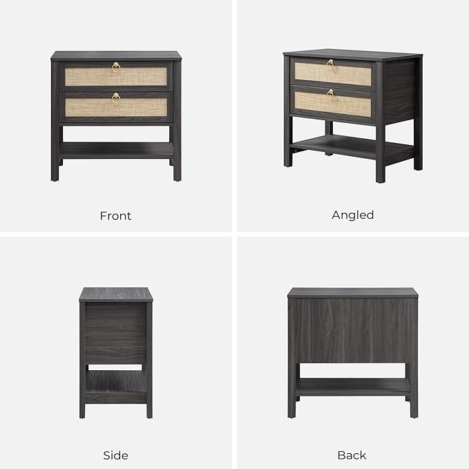 SICOTAS Night Stand with Drawers and Storage Shelf - Large Nightstands Rattan Decor Boho Bedside Table Narrow Side Table for Bedroom, Small Space