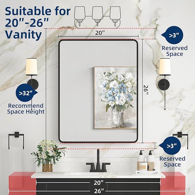 Medicine Cabinet with Mirror, 20x26 Inch Black Bathroom Mirrored Cabinet, Metal Framed Wall Cabinet with Beveled Mirror, Modern Surface Mount or Recessed Medicine Cabinet with Storage