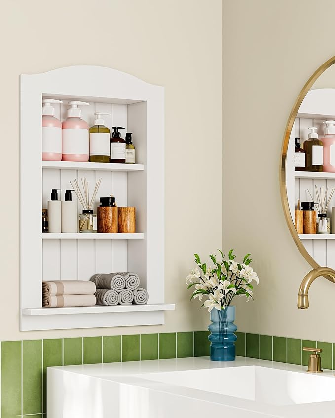 CHOEZON Recessed Wall Niche, 3-Tier Recessed Medicine Cabinet, Bathroom Cabinet Wall Mount, Bamboo Medicine Organizer, Wall Storage Cabinet, for Bathroom, Living Room, Kitchen, White