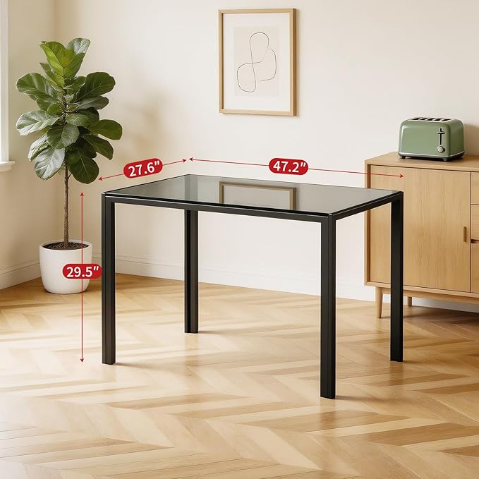 FDW | Dining Table for 4-6 People | Black | 47 Inch Rectangular Glass Kitchen Table | Space-Saving and Modern Design | for Dining Room, Easy to Assemble