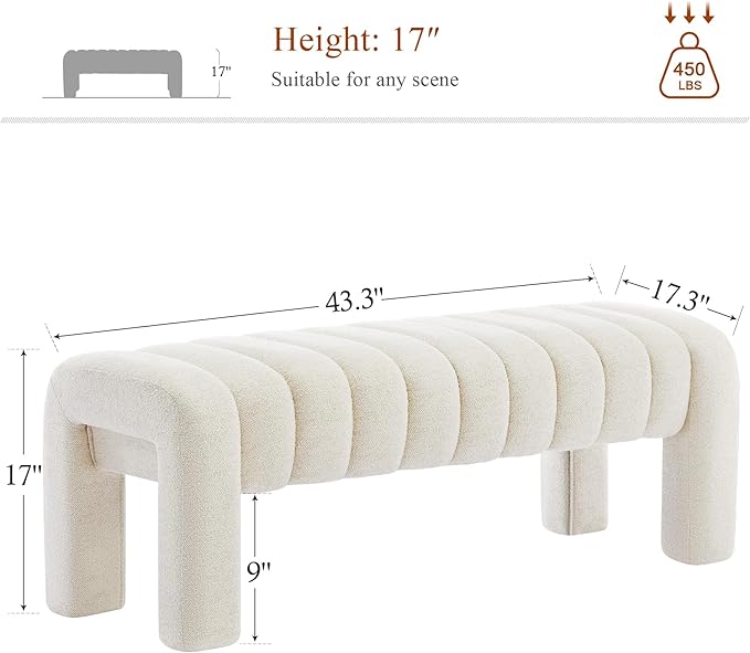43’’ Bedroom Bench, Upholstered End of Bed Bench with Solid Wood Legs, Modern Small Dining Bench with Full Covered Fabrics for Entryway, Bedroom, Living Room (Beige, Linen)