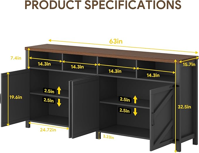 knoworld 63'' Buffet Sideboard with Storage Farmhouse with 4 Doors, Large Kitchen Storage Cabinet Wood Coffee Bar Cabinet Buffet Table with Shelves for Kitchen, Dining Room, Entryway
