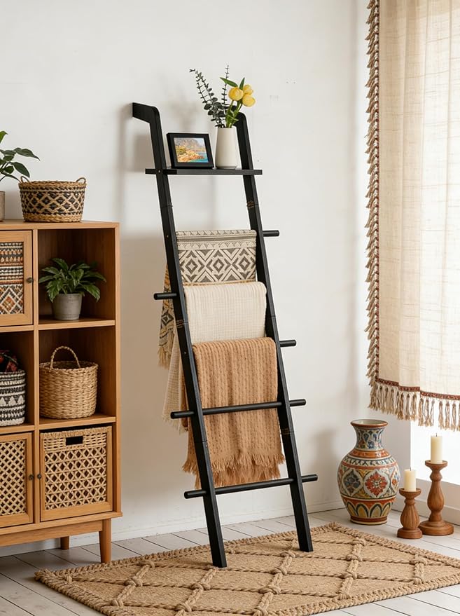 Black Blanket Ladder with Top Shelf for the Living Room - 67in Decorative Wooden Blanket Holder, 5 Tier with Side Hooks for Hanging - Rustic Farmhouse Towel Ladder Throw Rack for Organizer and Display