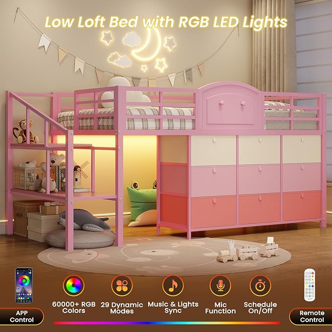 VIAGDO Low Loft Bed Twin Size with 9 Storage Drawers and LED Lights, Metal Twin Loft Bed with Stairway Shelf Storage, Low Loft Bed with Safety Guardrail and Under-Bed Hideaway for Kids, Pink