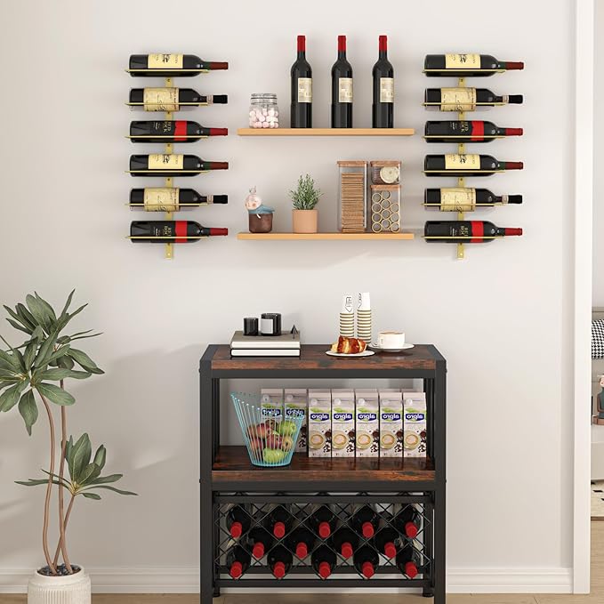 B4Life Wine Rack and Holder Wall Mounted 12 Bottles, Metal Hanging Mount Racks for Wall, Liquor, Champagne for Bottles Storage Home Bar, Cellar and Kitchen, Dining Room (Yellow, 12 Bottle)