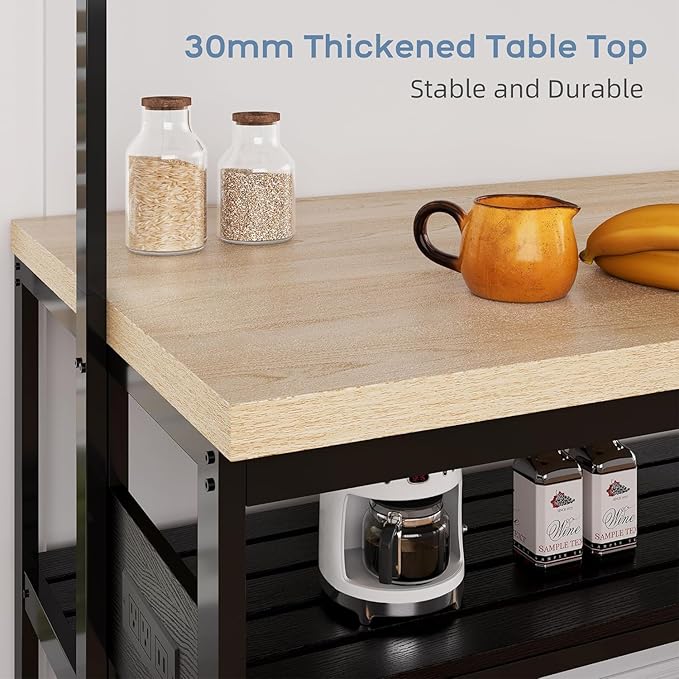GarveeHome 47 in Versatile Kitchen Island with Storage – Durable Wood & Steel Design, Microwave Shelf, 3-Tier Open Shelves, 5 Hooks (47 in x28 in x72 in)