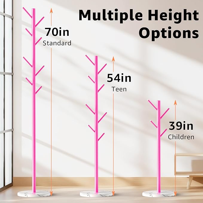 HzTinT Coat Rack with Natural Marble Base, Metal Freestanding Coat Rack with 8 Hooks, 3 Adjustable Size Sturdy Coat Tree for Bags, Coats, and Hats for Entryway, Hallway, Bedroom, Office, Pink