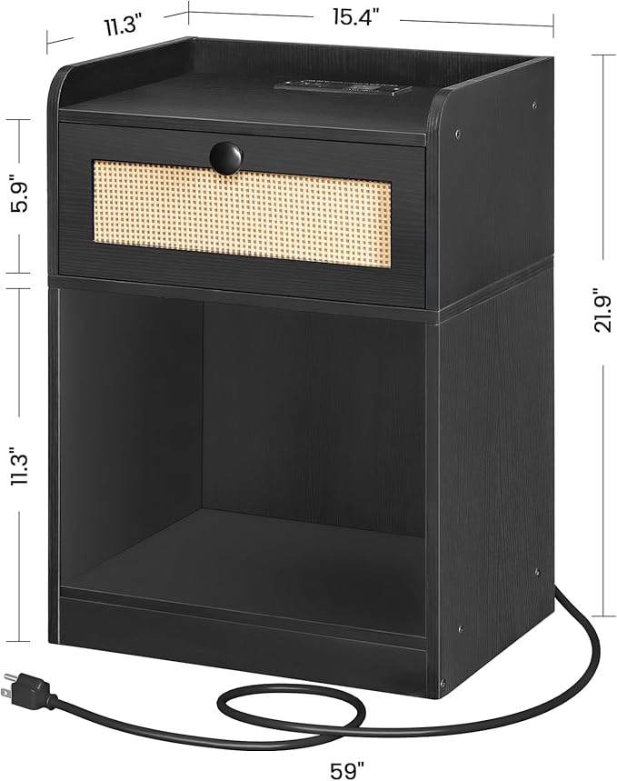 CHOEZON Nightstand, End Table with Charging Station, Side Table with Rattan-Style Drawer and Storage Shelf, Modern Sofa Table with 1 AC Outlet and 2 USB Ports, for Bedroom, Black MBZ01UBB