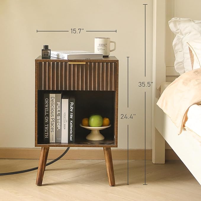 Fultyle Mid Century Modern Nightstand with Charging Station, Modern Bedside Table with Fluted Drawer and Storage Shelf, End Side Tables Living Room for Bedroom, Office (Rustic Brown)
