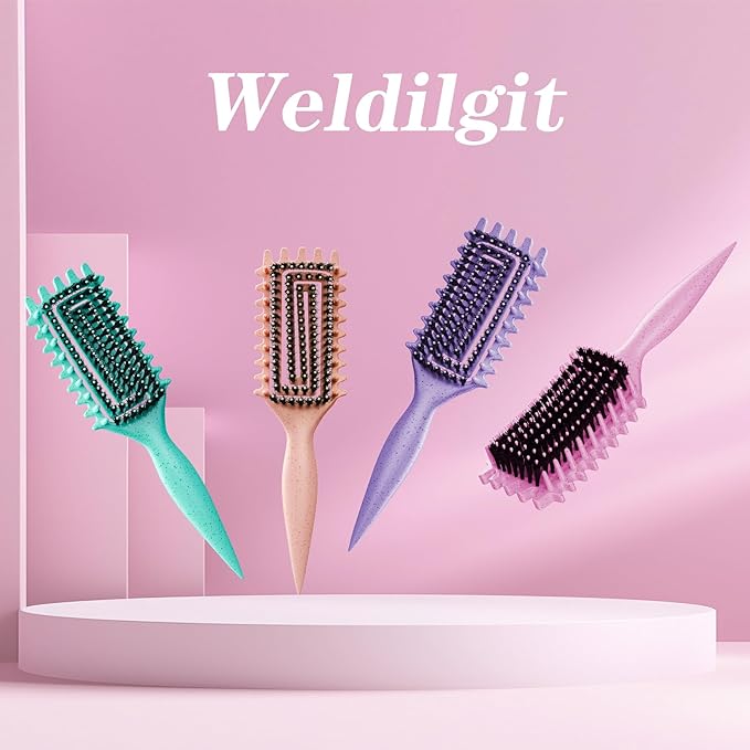 カーリーヘアブラシ、ソフトイノシシ毛の巻き毛デファイニングブラシ、絡まった髪をとかす、ワイド歯デザインで楽にカールを形作り定義、ウェット＆ドライヘア用カーリングデファイナー（ピンク）