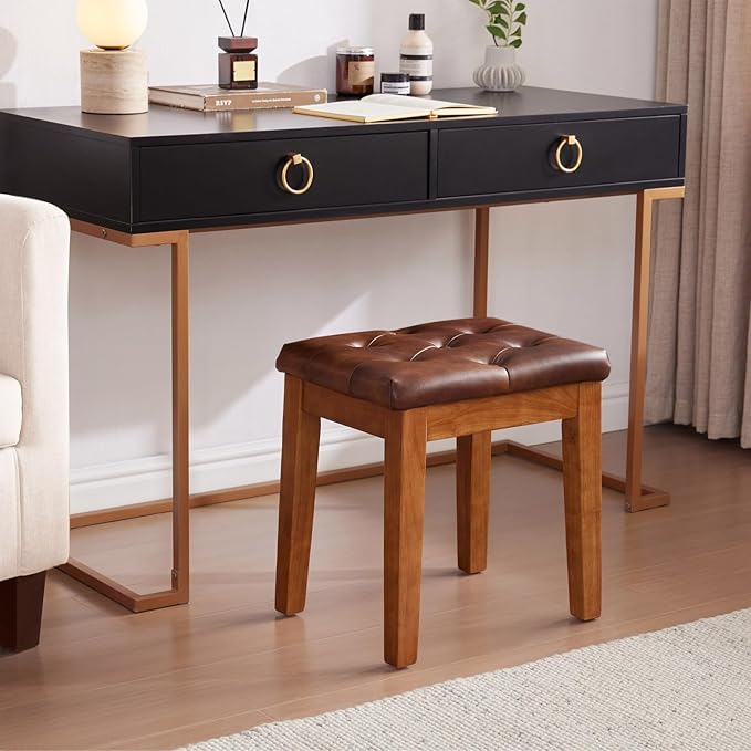 Upholstered Ottoman Stool with Padded Seat, Tufted Vanity Stool with Solid Wood Legs, Accent Stools, Faux Leather Retro Brown
