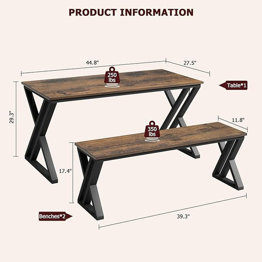 GarveeHome Kitchen Table with 2 Benches, Dining Table Set for 4, Saving Space Dining Room Table Set for Kitchen, Dining Room, Apartment, Sturdy Metal Frame, Vintage Brown