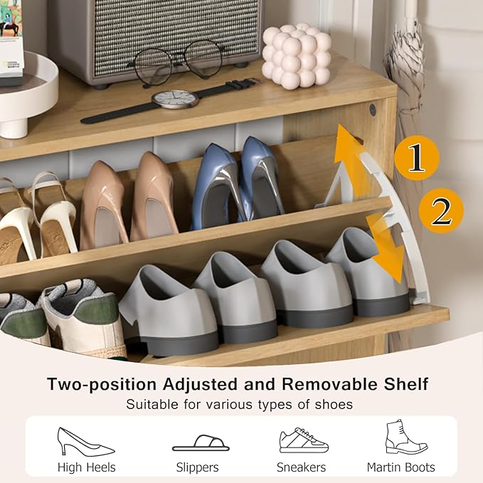 Fsbecl Shoe Storage Cabinet for Entryway with 2 Flip Drawers, Narrow Wood Shoe Cabinet with Fluted Panel, Freestanding Hidden Shoe Organizer for Foyer, Hallway (Wood Color)