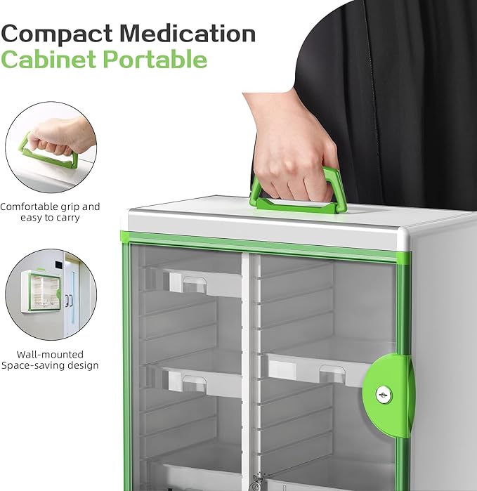 Glosen Lockable Medicine Cabinet with 5 Removable Trays, Wall Mounted & Portable Locking Medicine Cabinet Organizer with Key Lock for Home, Bathroom, Office - Aluminum Alloy Frame(13.6x13.4x6.5Inch)