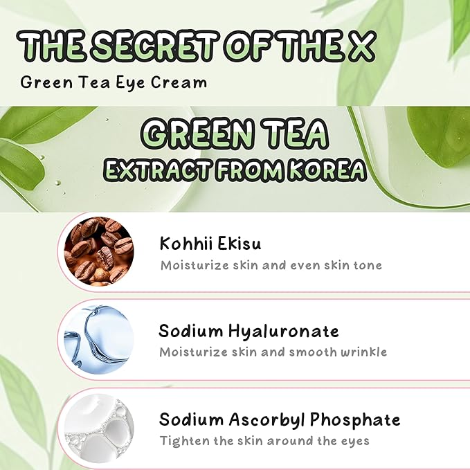 Green Tea Eye Roller Cream, Under Eye Moisturizer For Puffiness, Fine Lines and Bags, Green Tea Extract + Coffee Extract, Skin Care Eyes Repair Gel Hydrating & Cooling Formula, 0.71oz