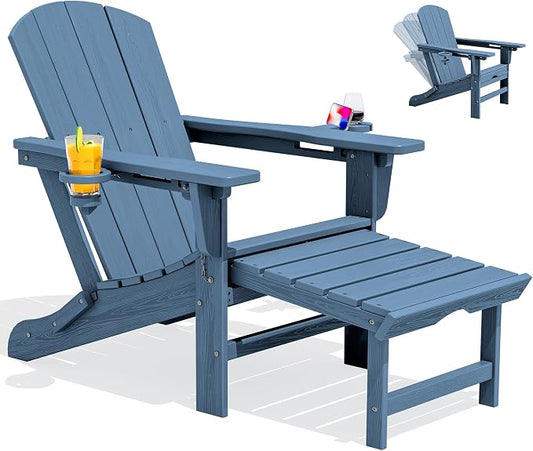 SERWALL Folding Adjustable Adirondack Chair with Footrest, HDPE Outdoor Chair with Dual Cup Holders, All Weather Adirondack Chair with Ottoman, Blue